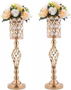24in Metal Diamond Crystal Wedding Centerpiece Vases for Tables Set of 2, Gol... - Picture 1 of 9