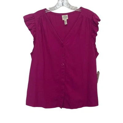 St Johns Bay Button Front Shirt Womens Large Classic Fuchsia Pink Ruffle Sleeve - Image 1 of 4
