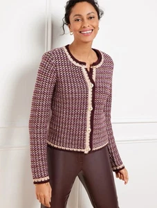 TALBOTS Tweed Crewneck Cardigan Wool-Blend Buttons Womens LP Burgundy Old Money - Picture 1 of 7