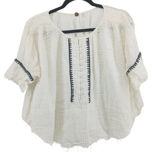 Free People Stitched Oversized Gauze Blouse XS Cottage Boho Renaissance Coastal - Picture 1 of 9