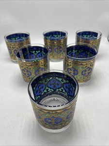 Georges Briard Highball Glasses Firenza Blue & 22K Gold Italian Renaissance 6 - Picture 1 of 13