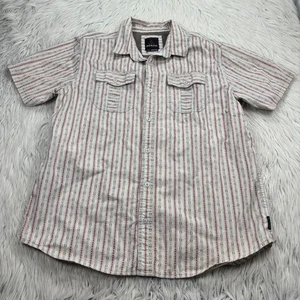Prana Men's L Torres SS Button Front Shirt Beige Red Geo Stripe Gorpcore - Picture 1 of 6