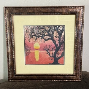 Chinese Suzhou Embroidery King Silk Art Tree Near Water Under Pink Sunset Framed - Picture 1 of 6