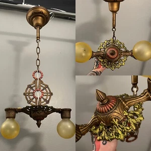Rare Double Socket Pendant Fixture Polychrome Finish Great 146B - Picture 1 of 8