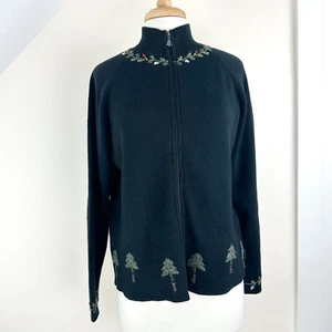 Woolrich Damen L schwarz Ramie Baumwolle Full Zip Pullover festlich Winter Stickerei - Bild 1 von 16