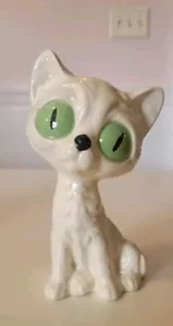 Edle große Augen Katze Keramik Figur weiß grüne Augen 7 cm - Bild 1 von 6