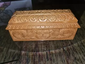 Hand Made Antique/Carved Wood Jewelry/Trinket Box 9.75 X 3.5 X 4.5 Inches - Picture 1 of 23