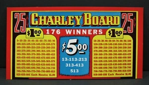 Tarjeta de letrero vintage de 25 quilates Charley Punch Board ganador exhibición de pago primer premio - Imagen 1 de 1