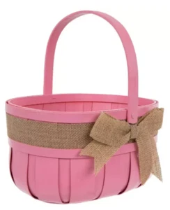 Lg. 11” Pink Easter Basket Bamboo Easter Basket Burlap Bow - Picture 1 of 1
