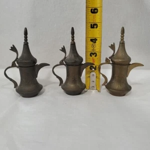 Turkish Middle Eastern Brass Coffee Pot Miniature Dallah Lot of 3 One Broken Lid - Picture 1 of 18