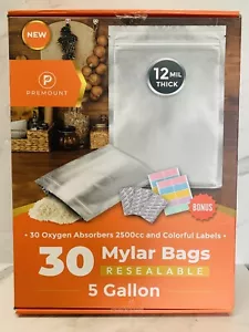 30 Pcs 5 Gallon Mylar Bags for Food Storage, 12 Mil with Oxygen Abs Premount XL - Picture 1 of 11