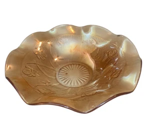 Vtg Jeanette Glass Iris & Herringbone Marigold Carnival Glass Bowl 12” - Picture 1 of 7