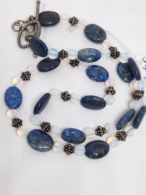 Estate Lapis Lazuli Opalite Sterling Silver Beaded Toggle Close Ooak Necklace  - Image 1 of 4