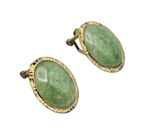 14K Yellow Gold Green Jade Clip On Earrings - Picture 1 of 11