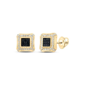 10K Yellow Gold Mens Round Black Diamond Square Earrings 1/4 Cttw - Picture 1 of 2