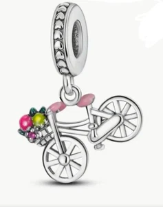 Bicycle & Flowers pink charm 925 Sterling Silver Bracelet zirconia colourful 🚲 - Picture 1 of 2