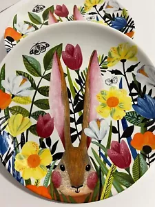 Pier 1 Imports Set/4 Exclusive MOD FLORAL BUNNY Rabbit Porcelain Salad 8" Plates - Picture 1 of 3