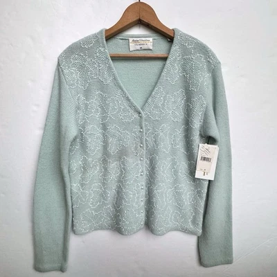 Vintage Marisa Christina Fall Cardigan Sweater Medium Green Beaded Leaves 90s - Image 1 of 4