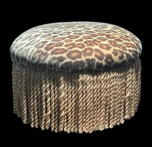 Leopard Print Velvety Round Footstool Foot Rest with Bullion Fringe (13" x 8.5") - Picture 1 of 10
