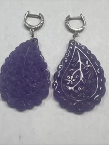 Vintage Chinese Sterling Silver 925 Purple Lavender Jade Pierced Dangle Earrings - Picture 1 of 7