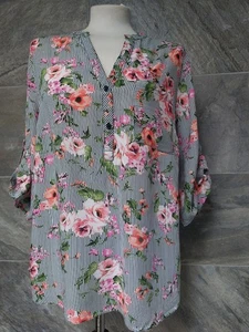 LADIES TOP SIZE 16 BY PAPAYA BLACK WHITE STRIPE SHIRT TOP WITH FLOWERS - Picture 1 of 6