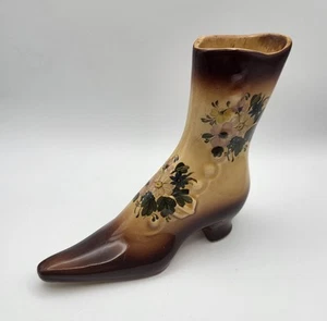 Vase Early Vintage Brown Floral Glazed Ceramic Decorative Boot Ornament 6in H - Picture 1 of 23