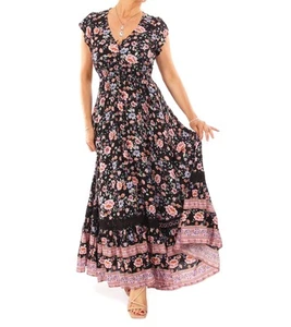 Nuevo Maxi Vestido Boho Negro y Rosa Estampado Borde Botón A Través - Imagen 1 de 9