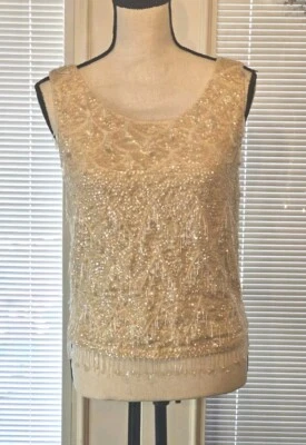 BLUSA SIN MANGAS CON CUENTAS 100 % LANA IMPERIAL DE COLECCIÓN LENTEJUELAS CREMA NACARADA Pequeña Foto 1 de 4