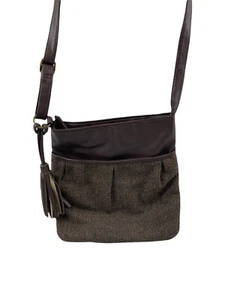 Womens Handbag Brown Faux Leather and Herringbone Tweed Zip Up Shoulder Bag - Picture 1 of 9