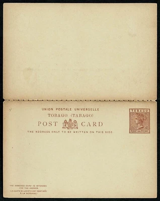 SE91 TOBAGO Responder Tarjeta Postal Reina Victoria Penny Medio Penny Marrón Sin Usar Foto 1 de 2