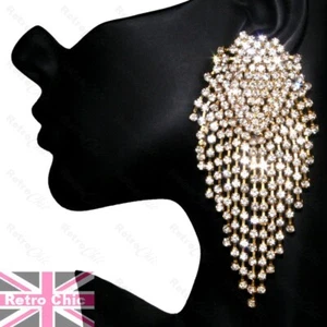 4.5"long HUGE EARRINGS GOLD TONE rhinestone GLASS CRYSTAL big large RETRO GLITZ - Picture 1 of 2