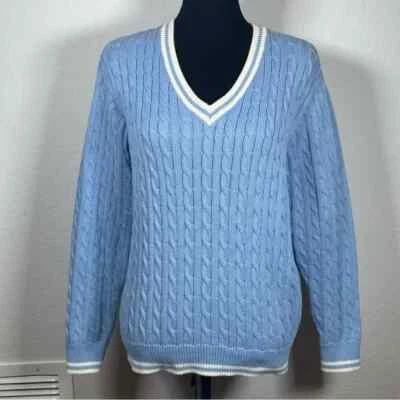 J. Galt Morgan Nikki Blue/White Cable Knit V-neck Pullover Sweater OS - Image 1 of 4