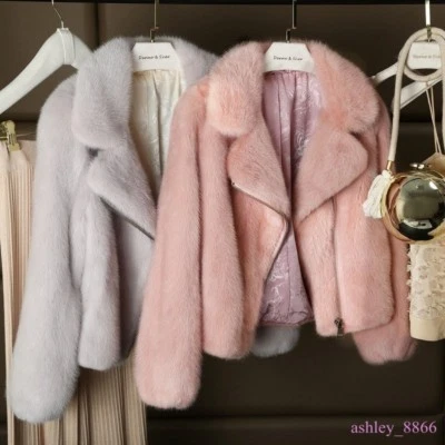 Womens Faux Mink Fur Lapel Short Jacket Winter Warm Coat Thiken Furry Parkas - Image 1 of 4