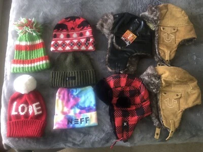 LUMBER JACK TRAPPER, BEANIE POM-POM LOT (9) ADIDAS HURLEY TRUE RELIGION NEW USED - Image 1 of 4