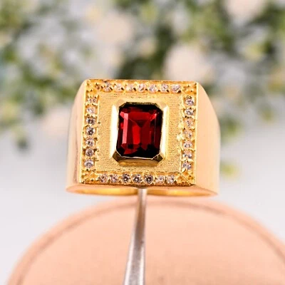 Anillo de granate marrón natural hecho a mano para regalo de boda de oro amarillo macizo de 14K para hombre. Foto 1 de 3