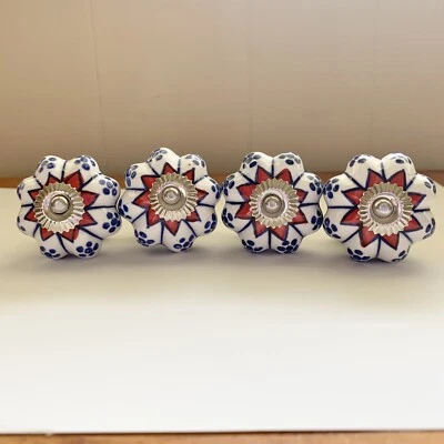 4 Porcelain Draw Pulls Knobs Flower Blue Red White Hardware 1.5” Country Farm - Image 1 of 4