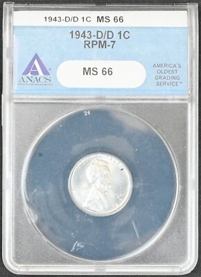 1943 D/D Lincoln Cent Penny 1C RPM-7 Variety ANACS MS 66 FREE S/H - Image 1 of 3