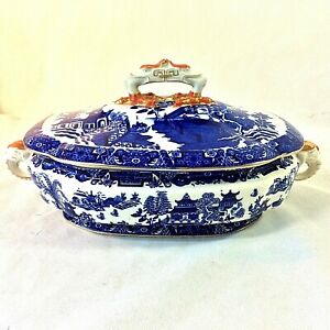 ROYAL WORCESTER BLUE WILLOW TUREEN ELEPHANT HANDLES LID CLAW FOOT BIRDS VTG-ANTI