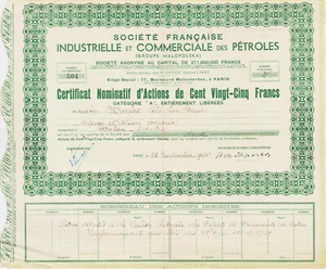 SF INDUSTRIELLE ET COMMERCIALE DES PETROLES - CERTIFICAT D'ACTIONS 1945 - FRANCE - Imagen 1 de 2