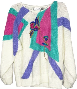 Vintage 1980s Carducci Abstract Colorblock Knit Sweater - Cream/Pink/Teal/Purple - Bild 1 von 3