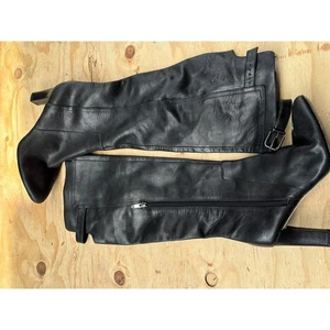 Via Spiga Black Leather Knee High Boots Side Zip Buckle Block Heel Size 9.5 - Picture 1 of 8