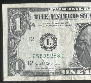 (3 DIGIT BOOKEND!) $1 *TORN* Fancy Serial Number L25899258C Series 2017A - Picture 1 of 4