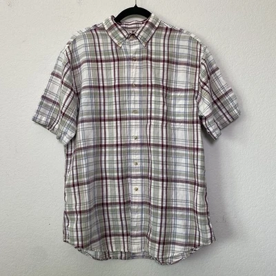 Trader Bay Mens Medium Red Plaid Button Up Short Sleeve Relaxed Linen Blend - Image 1 of 4