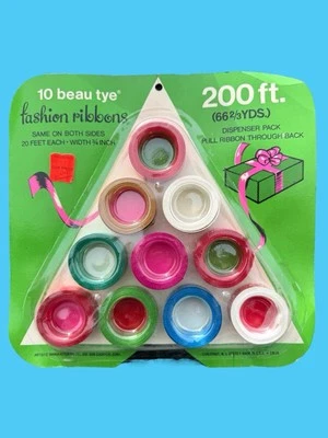 Vintage Christmas Ribbon Beau Tye NOS 1970s Colors Advertising Tree Wrap SEALED - Image 1 of 4