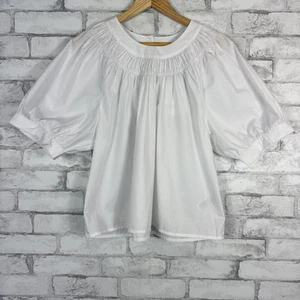 Top donna J.CREW NUOVO CON ETICHETTE scollo smock bianco manica a sbuffo cotone popeline GRANDE CA989 - Foto 1 di 9