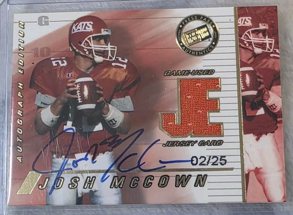 2002 PRESS PASS JOSH MCCOWN GAME USED JERSEY AUTO /25 ON CARD  - Image 1 of 2