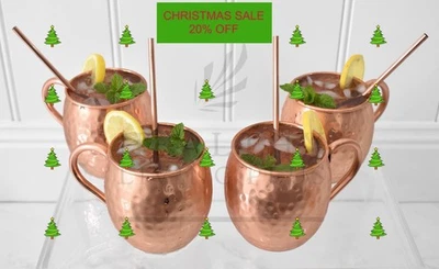 CLEARANCE / Pure Copper 530 ml Moscow Mule Mug Hammered Sets W Copper Straws 8" - image 1 of 4