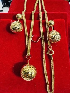 Pure 18K 750 Real Yellow Gold Balls Earring & Necklace 19.6”/20” Long 7.7g 2.2mm - Picture 1 of 24