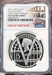 2001 GREAT BRITAIN SILVER 5 POUNDS QUEEN VICTORIA NGC PF 69 ULTRA CAMEO RARE - Picture 1 of 3