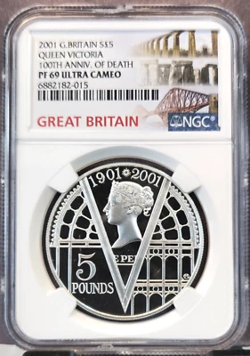 2001 GREAT BRITAIN SILVER 5 POUNDS QUEEN VICTORIA NGC PF 69 ULTRA CAMEO RARE - Image 1 of 3